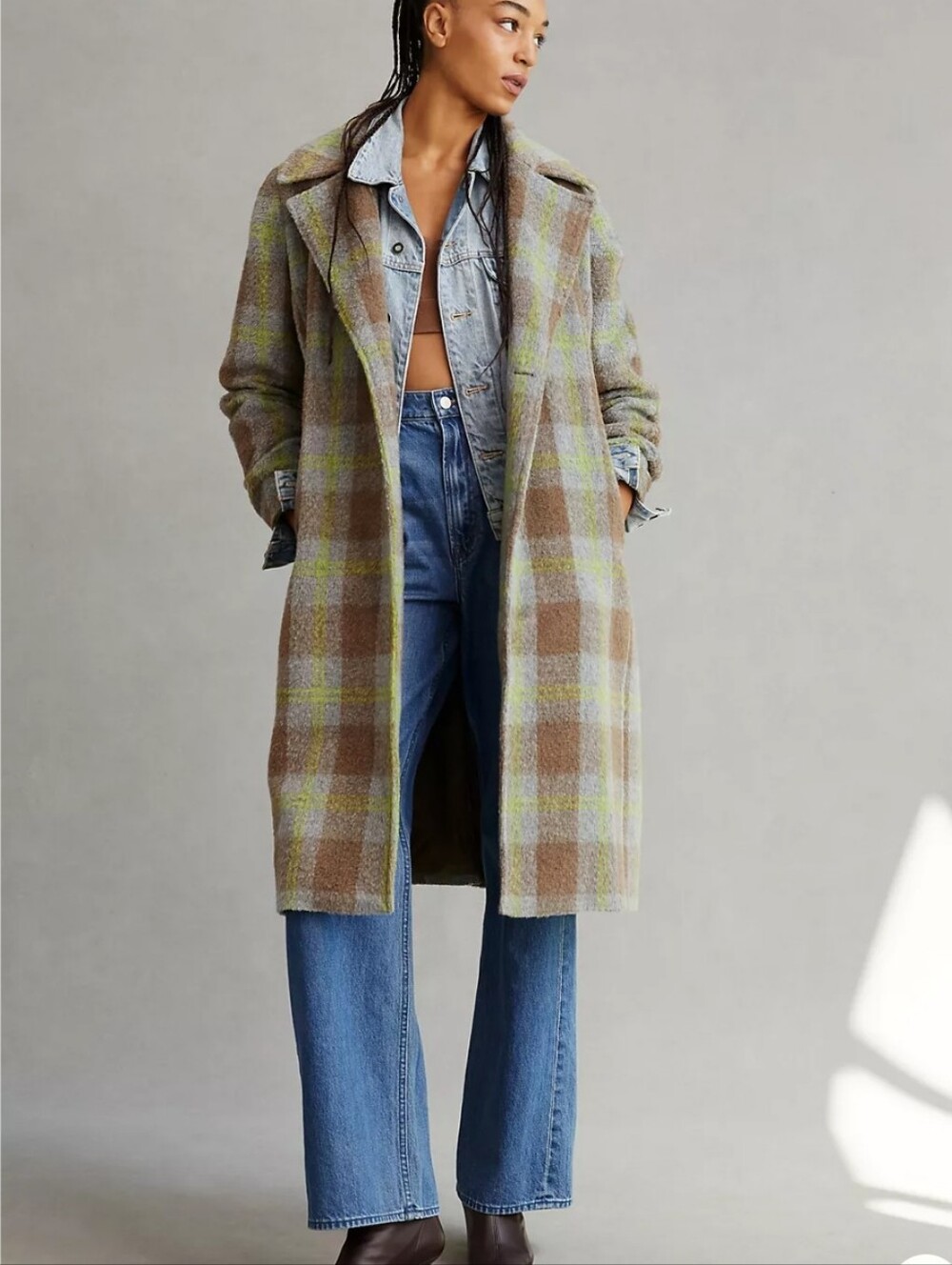 Noize Katja Plaid Coat In Vegan Wool Green Brown Plaid Oversized Longline